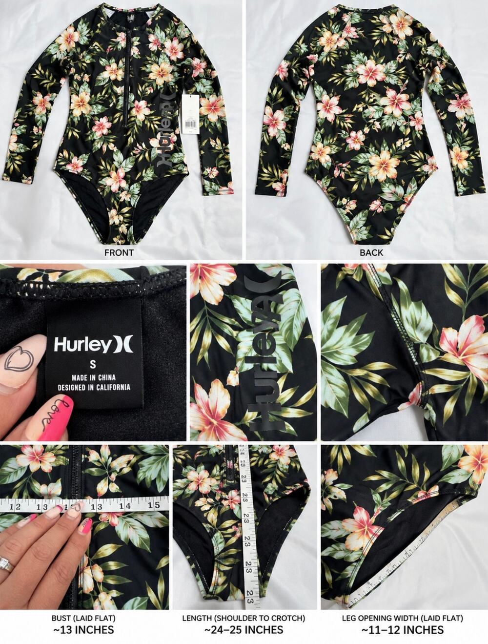 Hurley Womens Small Floral Long Sleeve Rash Guard One Piece Swimsuit Zip NWT
